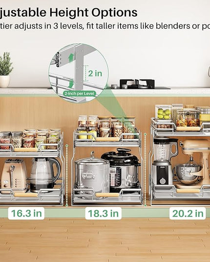 Pull out Cabinet Organizer, 2 Tiers 15"W X 21"D, Heavy Duty Smooth Sliding Under Cabinet Shelves for Pots and Pans, Full-Extension Roll out Drawers, Slide out Organization for Home Kitchen Pantry