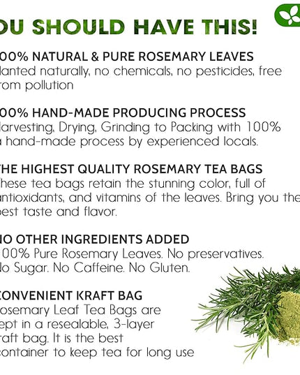 FreshDrinkUS, Premium 40 Rosemary Leaf Tea Bags, 100% Natural and Pure Rosemary Dried Leaves, Pure Herbal Tea, No Additives, No Caffeine, No Gluten, Vegan.