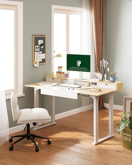 FLEXISPOT 4-Leg Standing Desk with Storage 71x32 in Electric Adjustable Height with 3 Drawers & Shelving Home Office Workstation (White + Maple Top)
