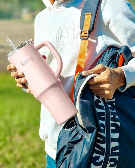 Renoj Tumbler with Handle 100% Leak Proof Insulated Water Bottle for Iced Coffee & Hot Drinks - Fits Car Cup Holder, Ideal Gift, 2 Straws & Silicone Boot BPA-Free - SnapShift Light Pink 40 oz