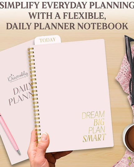 Decorably 168 Pages Daily Planner Undated Notebook with Hourly Schedule - 6.3x9.3in Gold Spring-Bound, with Top Priorities, to-dos, Notes, Ideas & Inspirational Quotes - Home, School, Office