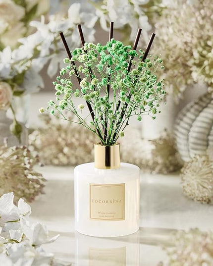 COCORRÍNA Reed Diffuser - White Jasmine 6.7 Fl.oz Reed Diffuser Set with Sticks & Preserved Baby's Breath, Reed Diffuser for Home Bathroom Shelf Decor