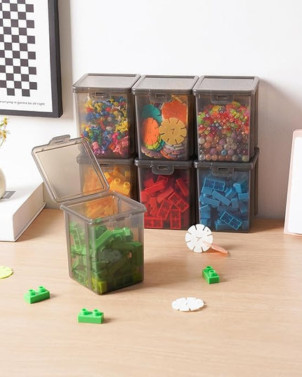 10 Pack Black Storage Bins with Lids - Stackable Plastic Organizer Boxes for Crafts, Art Supplies, Jewelry, Beads, Office Tools, Pantry Storage - 3.5x3.5x4.5 Inch, Black Square Medium