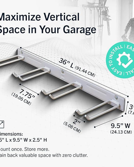 StoreYourBoard Wall-Mounted Rack With 4 Garage Hooks – Heavy-Duty Steel Holder Garage & Garden Storage for Shed, Workshop, or Home Organization – For Rakes, Shovels, Tools & More – 2 Pack, Gray