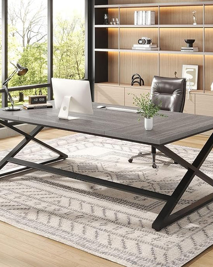 IBF Extra Large Desk, 78.7” Long Home Office Computer Desk, Simple Wide Work Desks for Writing Study in Bedroom, Industrial Wood Metal Game Desks Executive Workstation Conference Table, Light Grey Oak
