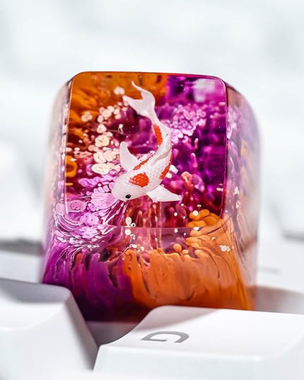 Kohaku Koi Fish Artisan Keycap Purple and Orange Ocean Coral Reef R1 SA Profile Custom Keycaps 1U ESC Handmade Gaming Resin Key Cap Cherry MX Switch Compatible Mechanical Keyboard Koi Lover Gift