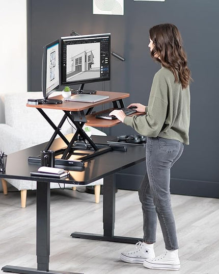 VIVO 36 inch Desk Converter, K Series, Height Adjustable Sit to Stand Riser, Dual Monitor and Laptop Workstation with Wide Keyboard Tray, Dark Walnut Top, Black Frame, DESK-V036KA