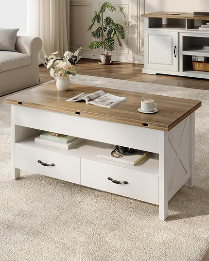 Marsail 40" Lift Top Coffee Table, 4 in 1 Coffee Table with Hidden Compartment, 1 Open Shelf and 2 Drawers, Multifunctional Farmhouse Center Table for Living Room and Home Office, Brown and White