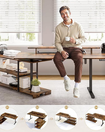 ONBRILL L Shaped Standing Desk with File Cabinet, 55x24'' Electric Stand Up Desk with Monitor and Storage Shelf, Adjustable Height 28-46'' for Home and Computer Workstation, Rustic Brown