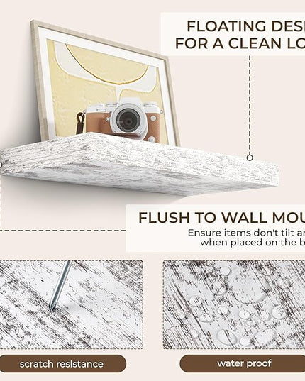 RICHFOCUS 16Inch Floating Shelves for Wall 2 Pack Shelves for Bedroom|Kitchen|Bathroom Wall Mounted Rustic Distressed Wood Floating Shelf with Invisible Brackets for Books|Storage|Decor, Rustic