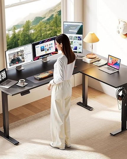 Casaottima 63 Inch Reversible L Shaped Electric Standing Desk, Ergonomic Height Adjustable Desk, Large Lift Corner Stand up Table for Workstation, Home Office, Reception Room, Black