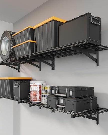 4 Pack Heavy Duty Garage Wall Shelving Set (1.5x4ft), Wall Mounted Garage Shelves 1400lbs Capacity, 18"x96" Shelf Storage Rack Floating Shelves, Black