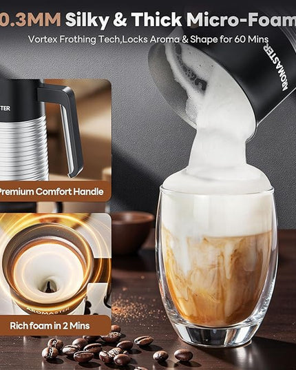 AROMASTER Milk Frother, 4 IN 1 Electric Milk Frother and Steamer for Coffee, Lattes, Cappuccinos, Automatic Hot Dense/Airy Foam & Cold Foam Maker, Ideal for Home, Kitchen and Office Daily Use