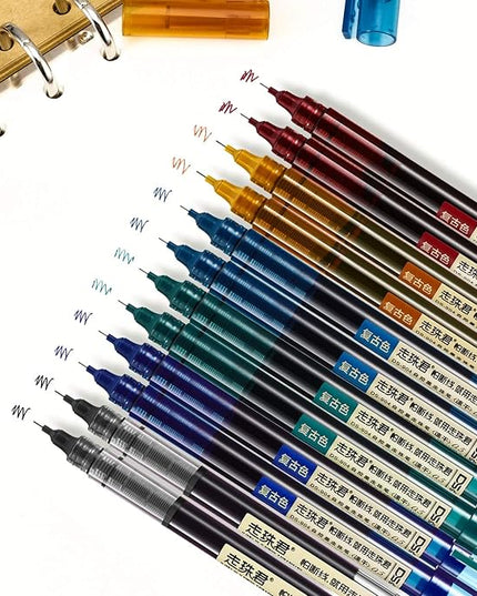 Frienda 12 Pieces Rolling Ball Pens 0.5 mm Japanese Quick Drying Fine Point Pens Liquid Ink Smooth Writing for Office Student Back to School Supplies(Chic Colors)