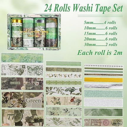 Sifaolp Washi Tape Set, 24 Rolls Vintage Washi Stickers, Assorted Sizes, for Junk Journal Scrapbook Tape, Bullet Journaling Scrapbooking Supplies, Planner Sticker DIY Craft DéCor (Green)