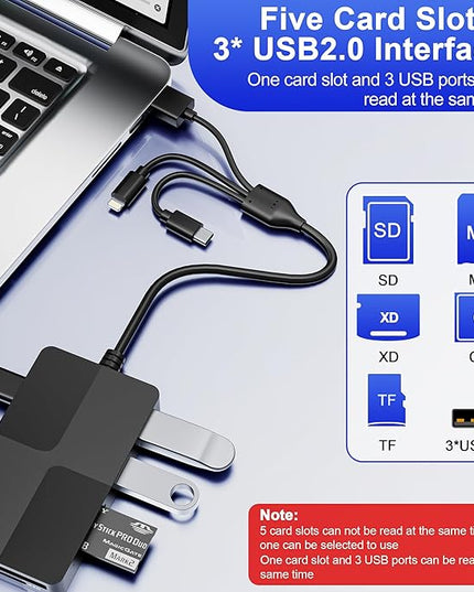 Memory Stick Pro Duo Reader Adapter, 8 in 1 SD/MS/TF/CF/XD Card Reader with 3 USB 2.0 Ports, L-ightning+USB A+USB C, Multi Memory Card Reader Support OTG, Fast Data Transfer