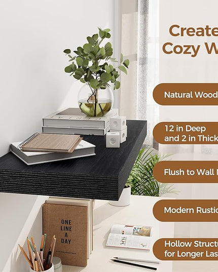 12 Inch Deep Black Floating Shelves, 24 x 12 Floating Shelf for Books, Rustic Wood Deep Wall Shelves for Home Storage & Display, 2" Thicked Shelves for Kitchen, Living Room, Bedroom, 1 Pack
