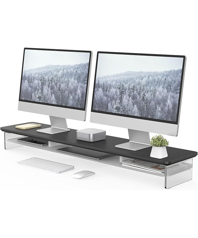 Fenge Acrylic Monitor Stand Riser, 42.5 Inches Dual Monitor Stand with Metal Storage, 2 Tier Acrylic Computer Riser for Desk, Clear Laptop Stand for PC, Laptop, Printer, TV, Black