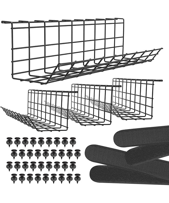 Under Desk Cable Tray, Cord Organizer for Wire, Cord Management, Under Desk, Wire Holders - Black Tray - Set of 4X 17