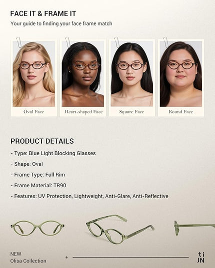TIJN Olisa Blue Light Blocking Glasses for Women Men,Oval Glasses Frame Bluelight Glasses for Gaming/Computer/Screen