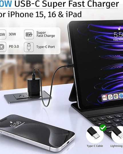 USB C Block 30W PD Super Fast Charging Block Type C Plug Wall Adapter Quick Charger for iPhone 17/17 Air/17 Pro/ 17 Pro Max/16/15/14/13/12/11/iPad/Mini/AirPod/Galaxy S25/S24/S23 (Black 1Pack)