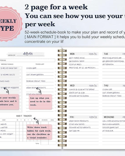 Undated Weekly Planner- Weekly Goals Notebook, A5 To Do List Planner, Habit Tracker Journal with Spiral Binding（Flower-1）