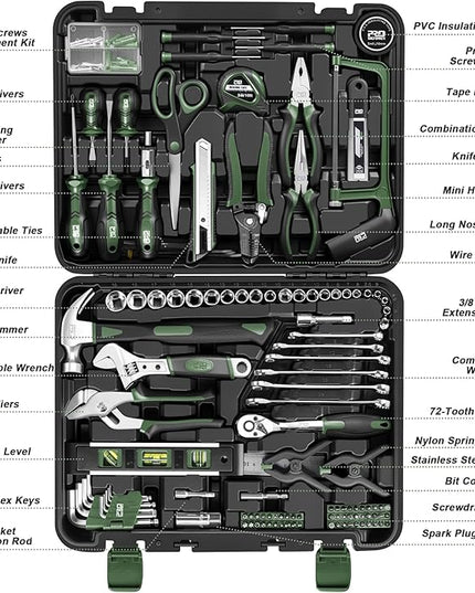 Prostormer 259-Piece Tool Kit, General Household Hand Tool Set with Plastic Storage Toolbox, Portable Complete Repair Tool Box for Home and Car (Green)