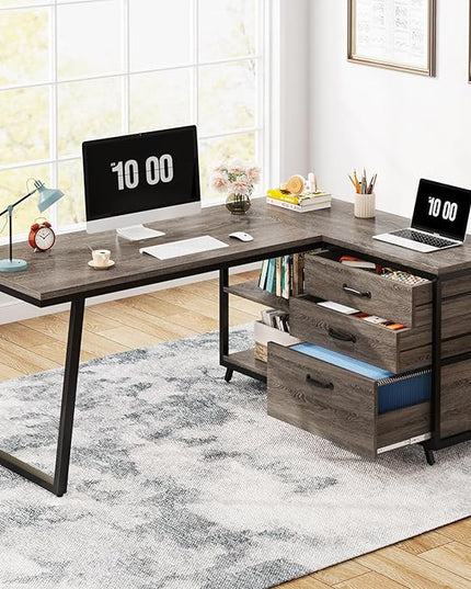 Tribesigns L-Shaped Desk with 3 Drawers, Reversible Corner Home Office Computer Desk with Shelves, 53-Inch Industrial PC Desk Study Writing Table Workstation for Small Space, Grey