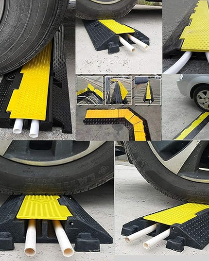 Reliancer 3 Pack Dual Channel Rubber Cable Protector Ramp 2 Channel Traffic Speed Bump 11000lbs Capacity Heavy Duty Driveway Hose Cover Ramp Cord Track Protector Wires Concealer w/Flip-Open Top Cover