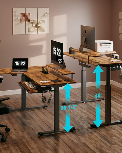 EUREKA ERGONOMIC Standing Desk with Keyboard Tray, Computer Desk, 61" L Shaped Electric Adjustable Height Desk w Monitor Stand LED, Corner Sit Stand Desk Gaming Desk, Dual Motor,Left/Rustic Brown