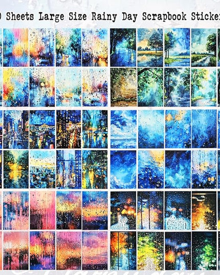 60 Sheets Large Size Rainy Day Scrapbook Stickers for Scrapbooking Supplies, 6 Assorted Rain Scenes Transparent PET Stickers for Journaling, Junk Journals, Collage, DIY Crafts Arts