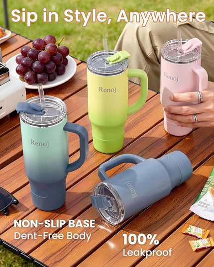 Renoj Tumbler with Handle 100% Leak Proof Insulated Water Bottle for Iced Coffee & Hot Drinks - Fits Car Cup Holder, Ideal Gift, 2 Straws & Silicone Boot BPA-Free - SnapShift Blue Gradient 40 oz