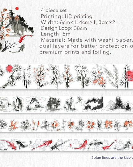 WT Ink Tranquility Washi Tape Sticker Set, 4 Rolls, Original Designs, Eastern Watercolor Koi Fish, Black & Red, Silver Foil Decorative Stickers for Bujo, Planner, Journals, DIY Crafts