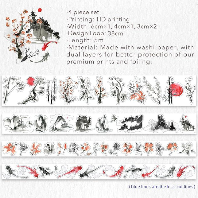 WT Ink Tranquility Washi Tape Sticker Set, 4 Rolls, Original Designs, Eastern Watercolor Koi Fish, Black & Red, Silver Foil Decorative Stickers for Bujo, Planner, Journals, DIY Crafts