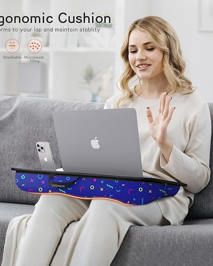 Millhome Lap Desk | Portable Laptop Desk – Fits Up to 17.3" Laptops – Detachable & Washable Cushion, Phone Holder, Device Ledge – for Writing, Working, Reading on Bed, Couch, Sofa, Floor – Geometric