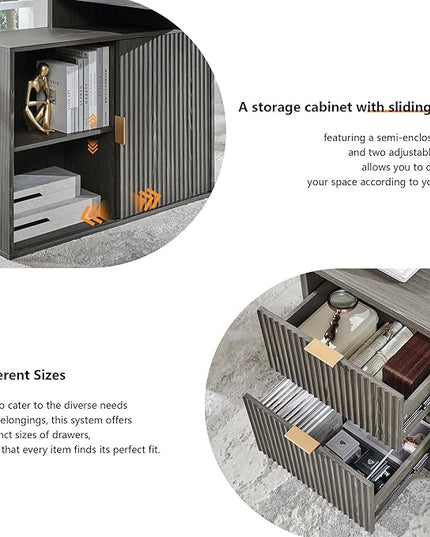 JXQTLINGMU 67" Modern L Shaped Desk with Storage Cabinet & Drawers, Wood Home Office Desk with Power Outlets, Fluted Computer Writing Desk, Grayish Green