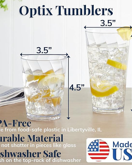 US Acrylic Optix Plastic Reusable Drinking Glasses (Set of 16) 14oz Rocks & 20oz Water Cups in Clear | BPA-Free Tumblers, Made in USA | Top-Rack Dishwasher Safe