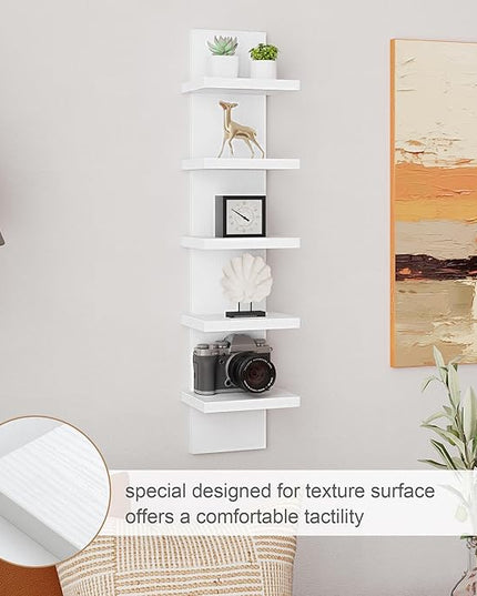 Fun Memories 5 Tier Wall Shelf Unit, White Floating Shelves for Storage - Vertical Column Tower Design, Lack Wall Shelf Space Saving Organizer for Bedroom, Living Room, Home Decor