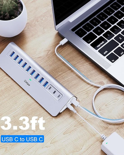 YH9AC Powered USB Hub 10Gbps, intpw 12 Port USB C Hub with 10Gbps USB C 3.2+2 USB A 3.2, 7 USB 3.0, 2 PD 45W Charging Port, 65W Power Adapter + 3.3FT Cable, Aluminum USB Hub for Laptop/iPhone 17/16/PC