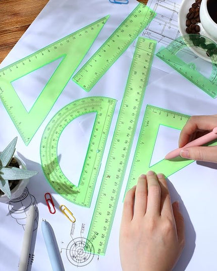 Tenare 6 Pcs Plastic Ruler Math Set Includes 12 Inch 6 Inch Straight Protractor Triangle Geometry Transparent Math Ruler Measuring Tools for School Office Home(Green)