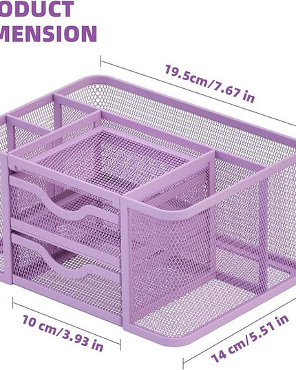 Marbrasse Mesh Desk Organizer, Pen Holder with 2 Drawer, Multi-Functional Pencil Holder, Desk Organizers and Accessories with 5 Compartments + Drawer for Office Art Supplies (Purple)