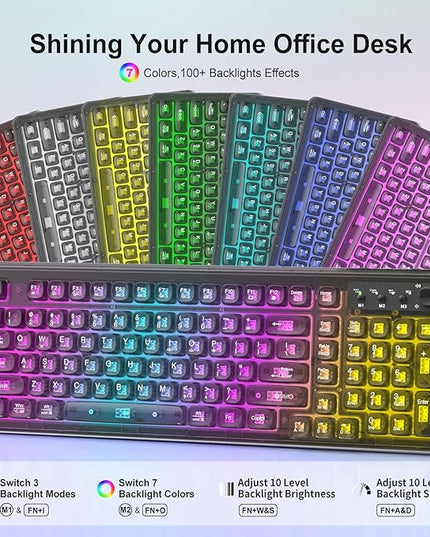 Black Light Up Keyboard and Mouse Wireless,Cute 2.4Ghz Cordless Rechargeable Transparent Backlit Keyboard,15 Backlight Effects,Volume Knob,RGB Mouse with 3 DPI for Mac Computer PC Laptop Desktop iPad