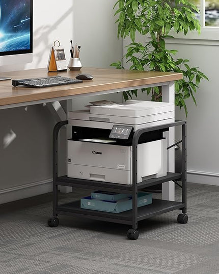 2 Tier Under Desk Printer Stand with Storage, 20 Inches Deep Large Printer Table with Height Adjustable Shelf, Rolling Printer Cart with Wheels for Home Office - Black