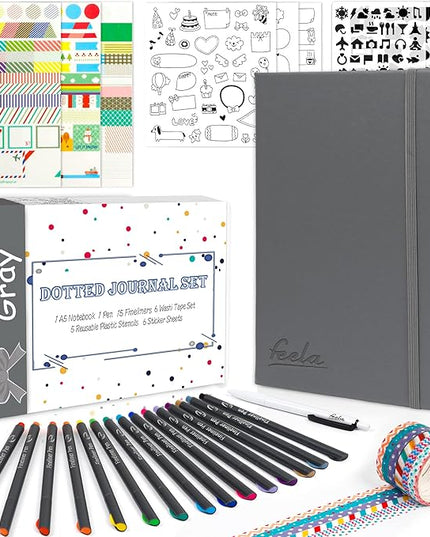 feela Dotted Journal Kit, Dot Grid Journal Hardcover Planner Notebook Set For Beginners Women Girls Note Taking with Journaling Supplies Stencils Stickers Pens Accessories, A5, 224 Pages, Gray