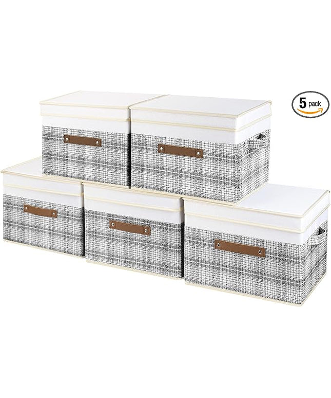 TYEERS Collapsible Storage Bins with Lids, Patchwork Design, Washable, Fabric Storage Boxes, 14.9x9.8x9.8 inches, 5 Pack, Gray