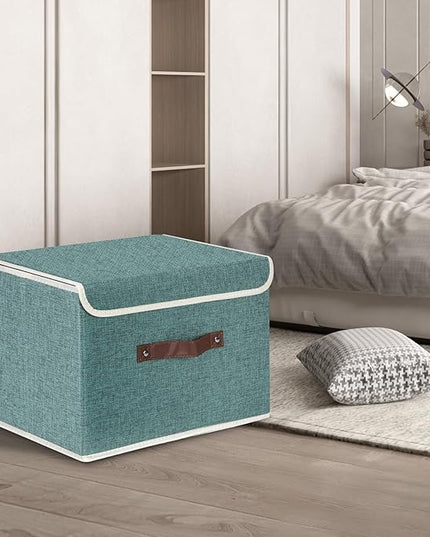 TYEERS Collapsible Storage Boxes, Washable Fabric Storage Bins with Lids, 14.9x9.8x9.8 inches, 2 Pack, Aqua Deep