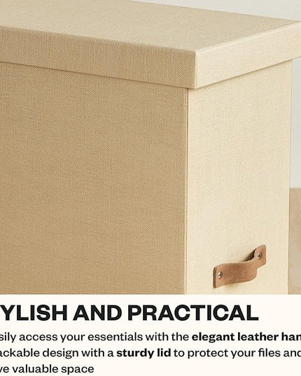 Bigso John File Box - File Storage Box and File Organizer for Important Paperwork - Durable Hanging File Box with Lid and Leather Handle - 7.36 in x 13.26 in x 10.51 in - Cream