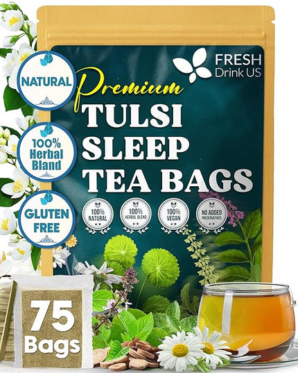 FreshDrinkUS, Tulsi Sleep Tea Bags | 75 Tea Bags | Herbal Blend with Tulsi Holy Basil, Chamomile, Gotu Kola, Ashwagandha & Peppermint | Naturally Caffeine-Free, Relaxing Evening Herbal Tea. Vegan