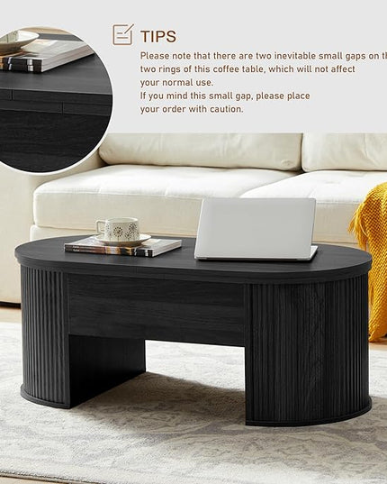 QHITTY Fluted Coffee Table with Lifting Top, Oval Wood Lift Top Coffee Table with Hidden Compartment, Mid Century Pull up Center Tables for Living Room, Office - Black