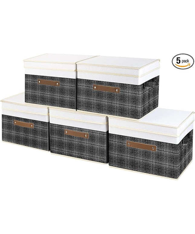 TYEERS Collapsible Storage Bins with Lids, Patchwork Design, Washable, Fabric Storage Boxes, 14.9x9.8x9.8 inches, 5 Pack, Black